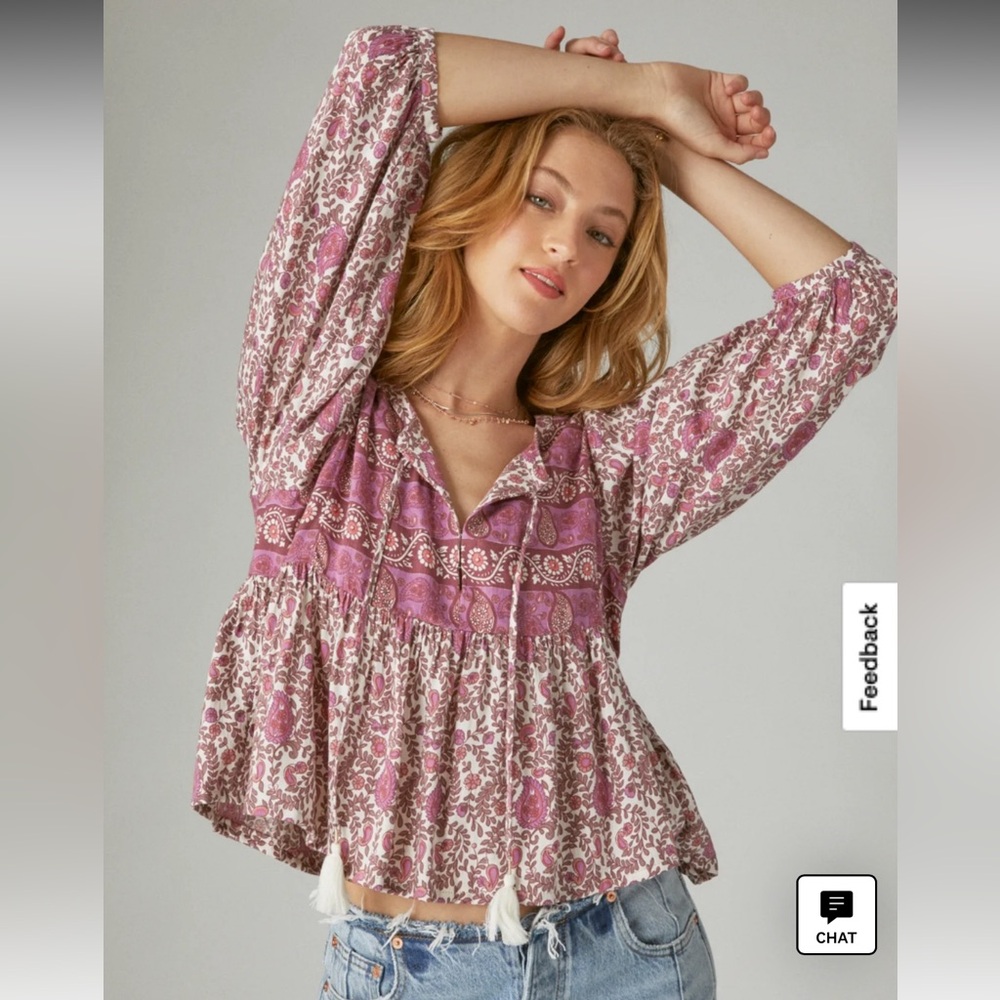 Lucky Brand Mauve and Cream Paisley Peasant Cotton Blouse Sz S 3/4 Bell Sleeve